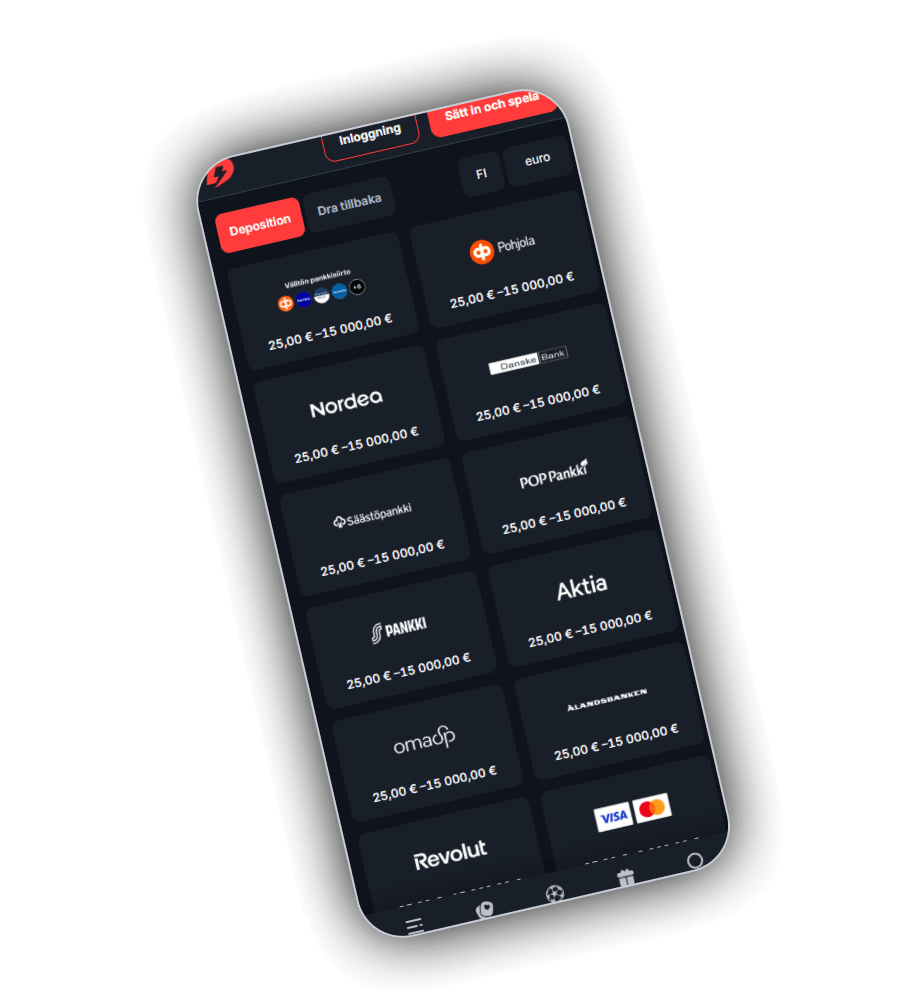 Kassan hos BetBay i mobilen med flikarna Deposition och Dra tillbaka, landet FI och valutan euro, och korten Välitön pankkisiirto, Pohjola, Nordea, Danske Bank, Säästöpankki, POP Pankki, S-Pankki, Aktia, OmaSP, Ålandsbanken, Revolut samt Visa och Mastercard, alla med gränserna 25 till 15&nbsp;000 euro