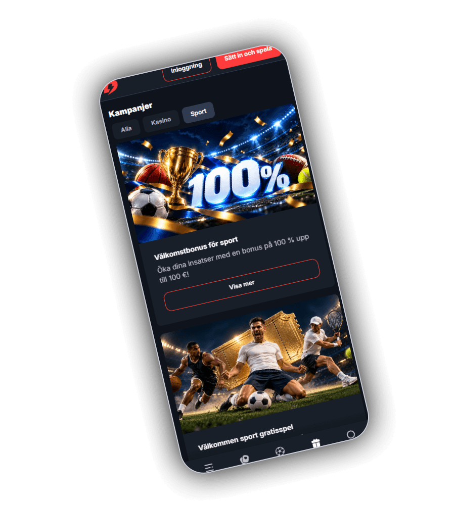 Kampanjsidan hos BetBay i mobilen med fliken Sport vald, kortet Välkomstbonus för sport med texten Öka dina insatser med en bonus på 100 % upp till 100 euro, knappen Visa mer och under det kortet Välkommen sport gratisspel