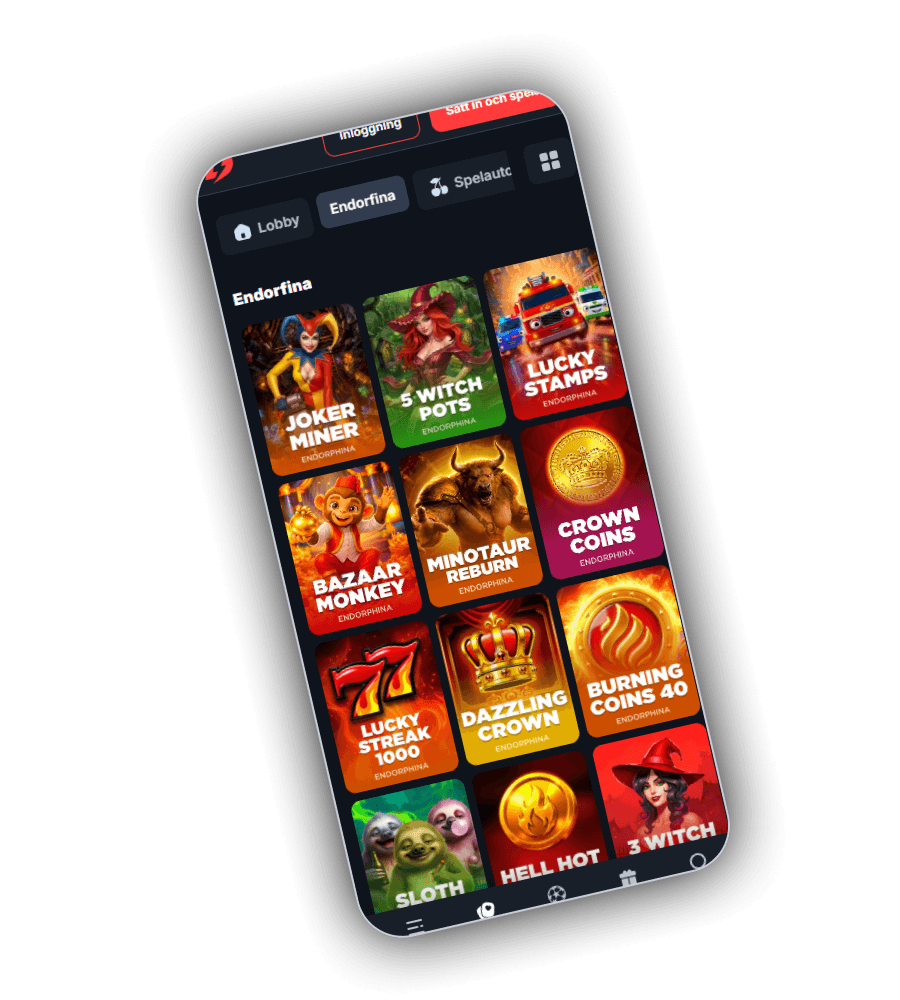 Casinolobbyn hos BetBay i mobilen med flikarna Lobby, Endorfina och Spelautomater, och ett rutnät med Endorphina-spelen Joker Miner, 5 Witch Pots, Lucky Stamps, Bazaar Monkey, Minotaur Reborn, Crown Coins, Lucky Streak 1000, Dazzling Crown, Burning Coins 40, Sloth, Hell Hot och 3 Witch