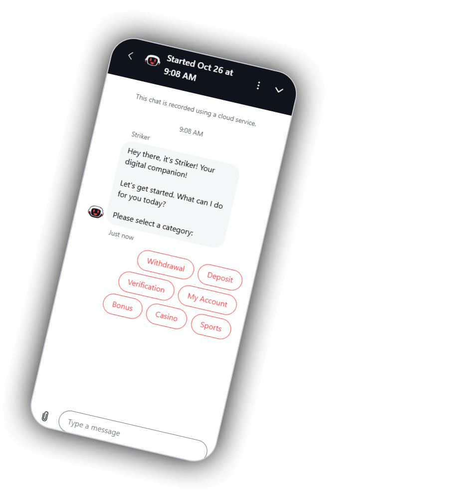 Livechatten hos BetBay i mobilen, startad 26 oktober klockan 9.08, där roboten Striker hälsar på engelska och ber dig välja kategori bland Withdrawal, Deposit, Verification, My Account, Bonus, Casino och Sports, med en notis om att chatten spelas in via en molntjänst