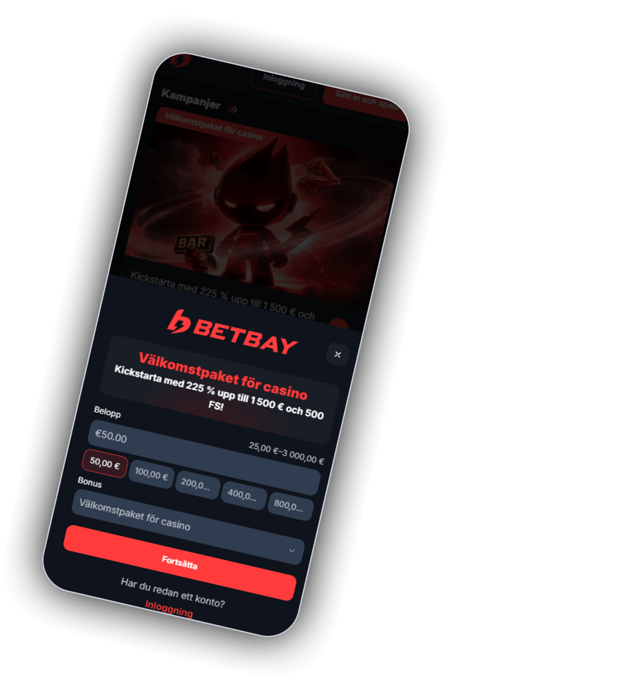 Registreringsfönstret hos BetBay i mobilen med BETBAY-logotypen, rubriken Välkomstpaket för casino och erbjudandet 225 % upp till 1&nbsp;500 euro och 500 FS, fältet Belopp ifyllt med 50 euro och spannet 25 till 3&nbsp;000 euro, snabbval för 50, 100, 200, 400 och 800 euro, listan Bonus inställd på Välkomstpaket för casino, den röda knappen Fortsätta och länken Inloggning för den som redan har konto
