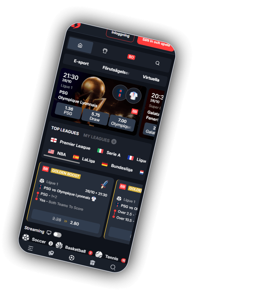 Sportboken hos BetBay i mobilen med flikarna E-sport, Förutsägelser och Virtuella, matchen PSG mot Olympique Lyonnais i Ligue 1 den 26 oktober klockan 21.30 med oddsen 1.36, 5.75 och 7.00, Galatasaray mot Fenerbahçe, raden TOP LEAGUES med Premier League, Serie A, Ligue 1, NBA, LaLiga och Bundesliga, ett GOLDEN BOOST för PSG 1x2 och båda lagen gör mål där oddset höjs från 2.28 till 2.80, reglaget Streaming och liveräknare för Soccer, Basketball och Tennis