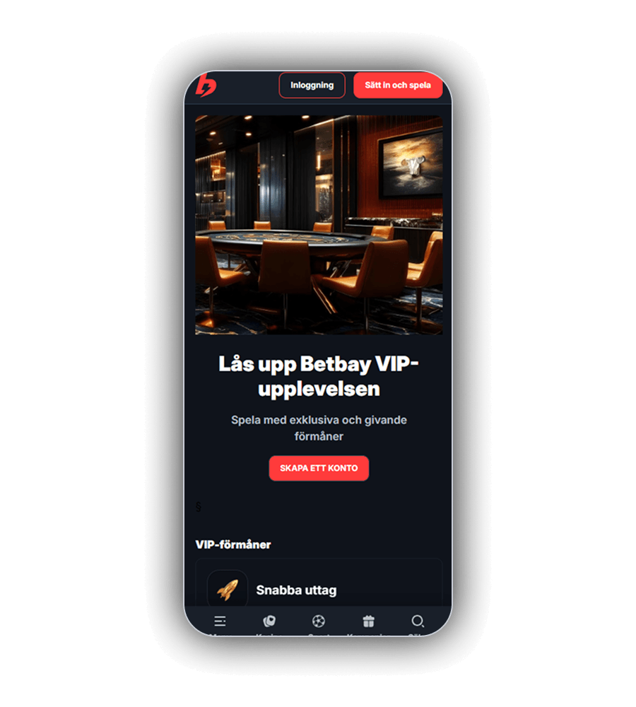 VIP-sidan hos BetBay i mobilen med rubriken Lås upp Betbay VIP-upplevelsen, underrubriken Spela med exklusiva och givande förmåner, knappen SKAPA ETT KONTO och början på listan VIP-förmåner där Snabba uttag står först